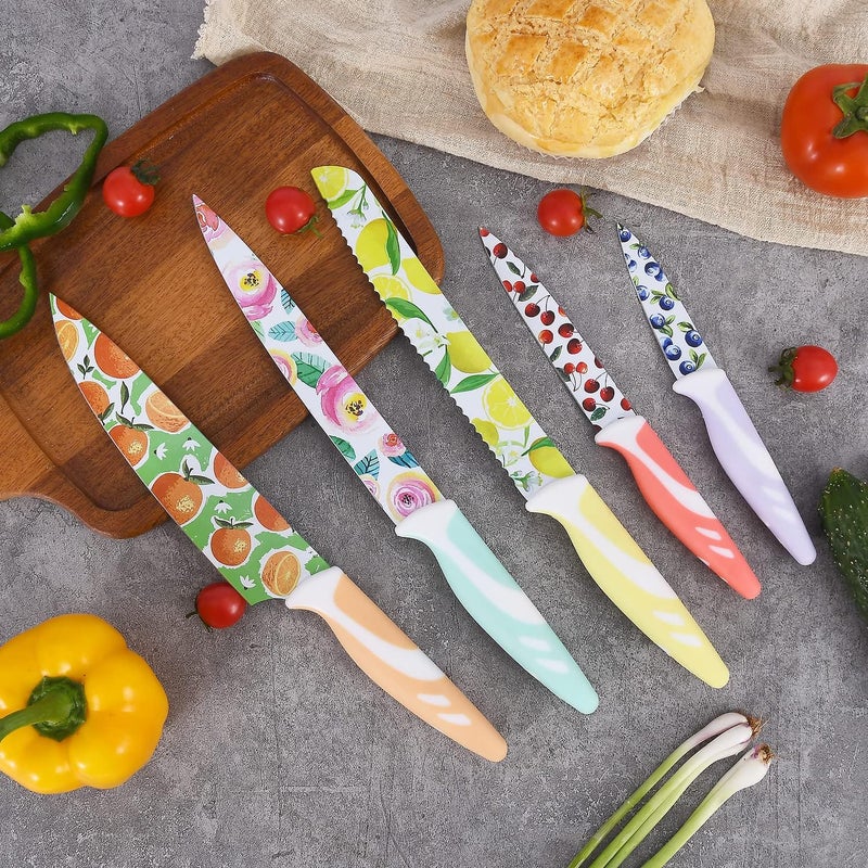 UPTRUST 10-piece Stainless Steel Kitchen Knife Set, Nonstick Coated with 5 Blade Guard, Multicolored Fruit Knives, Pioneer Woman Knife Sets - Image 5